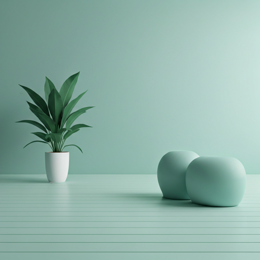 Minimalist still life with potted plant and smooth sculptural forms in muted sage tones